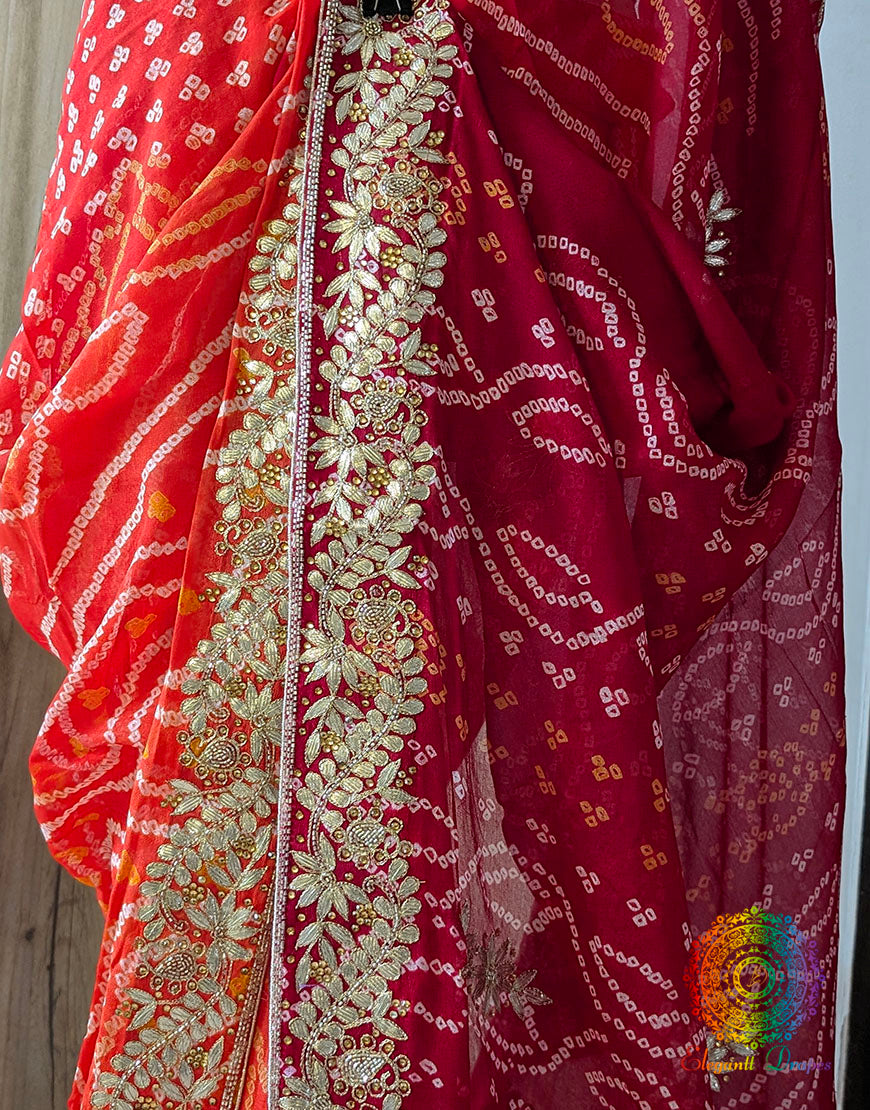 Red Orange Pure Chinon Bandhej Gota Patti Saree