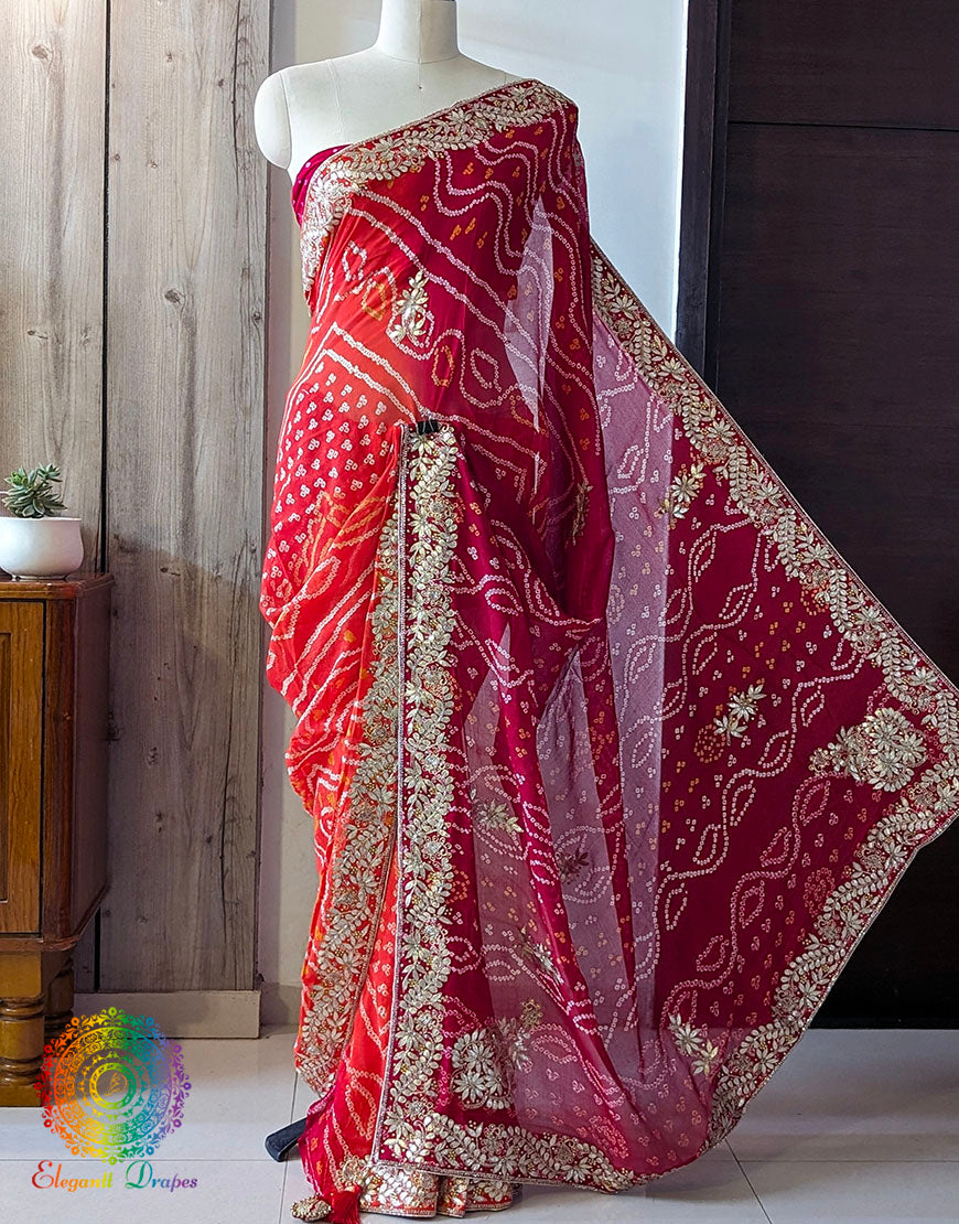 Red Orange Pure Chinon Bandhej Gota Patti Saree