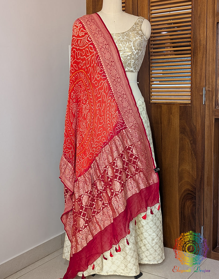 Red Orange Banarasi Georgette Rai Bandhej Dupatta – Bandhani Saree Online India | Elegantt Drapes