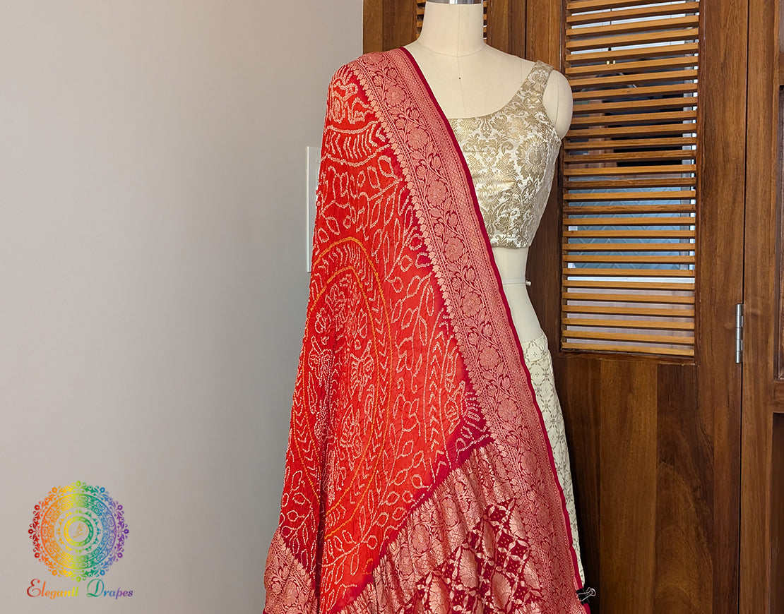 Red Orange Banarasi Georgette Rai Bandhej Dupatta – Bandhani Saree Online India | Elegantt Drapes