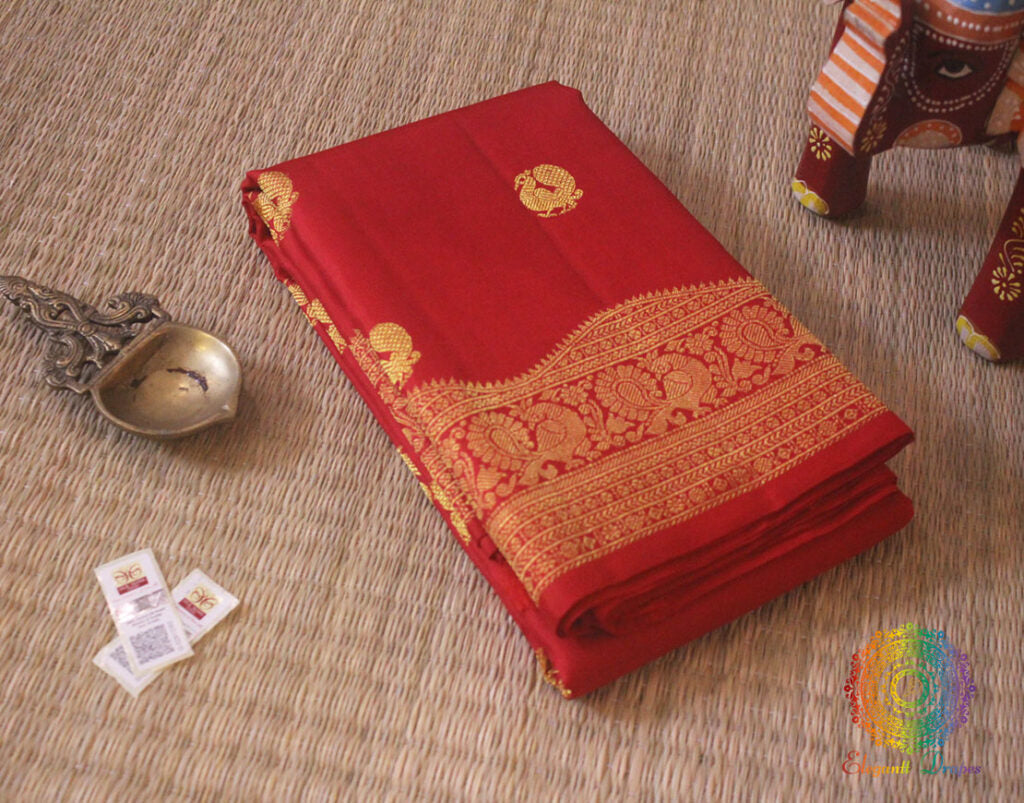 Red Pure Kanjivaram Silk Turning Border Saree – Handloom Saree Online India | Elegantt Drapes
