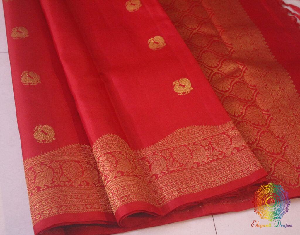 Red Pure Kanjivaram Silk Turning Border Saree – Handloom Saree Online India | Elegantt Drapes