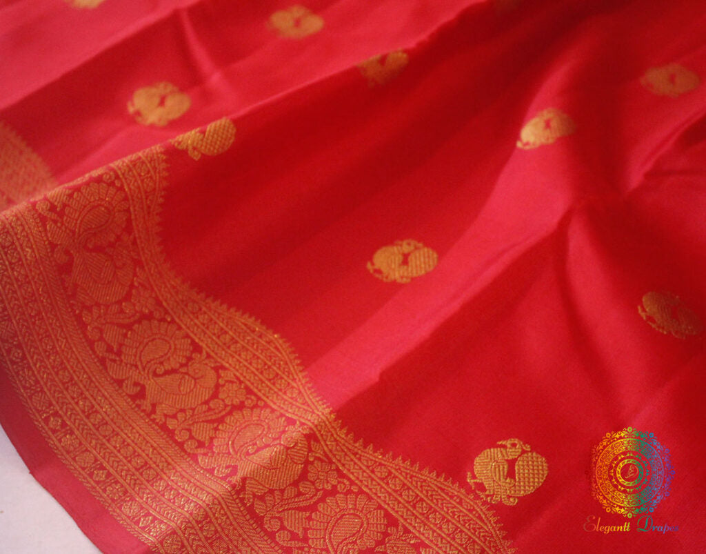 Red Pure Kanjivaram Silk Turning Border Saree – Handloom Saree Online India | Elegantt Drapes