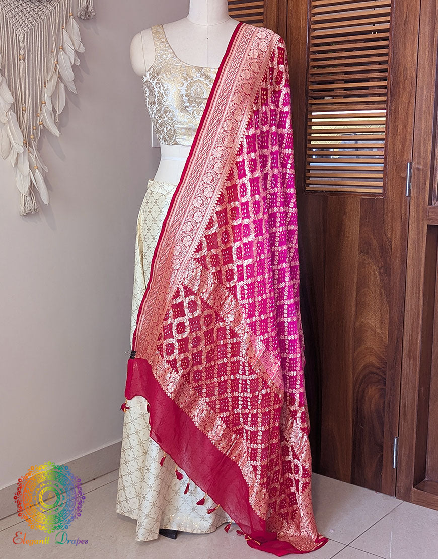 Red Pink Banarasi Bandhani Georgette Dupatta 2 – Bandhani Saree Online India | Elegantt Drapes