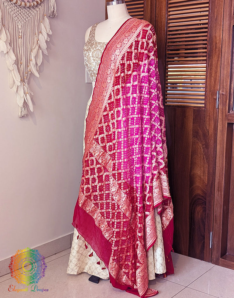 Red Pink Banarasi Bandhani Georgette Dupatta 2 – Bandhani Saree Online India | Elegantt Drapes
