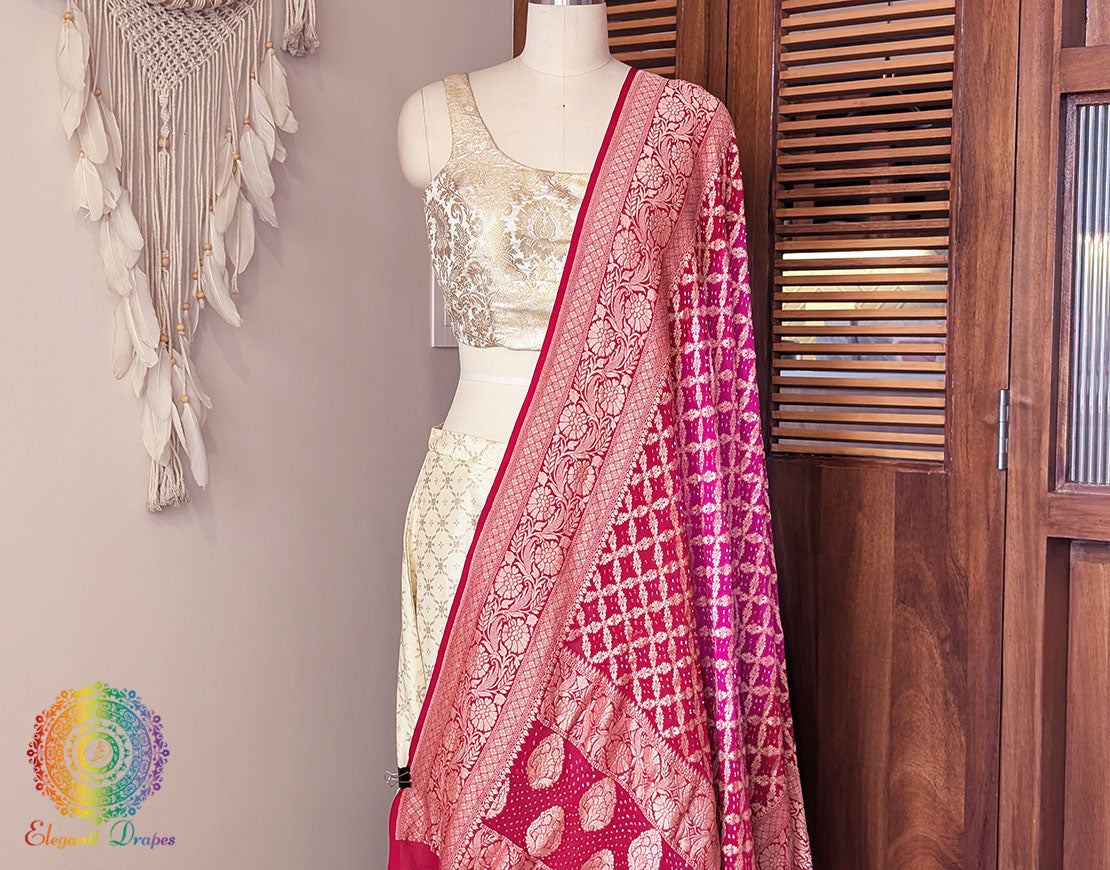 Red Pink Banarasi Bandhani Georgette Dupatta – Bandhani Saree Online India | Elegantt Drapes