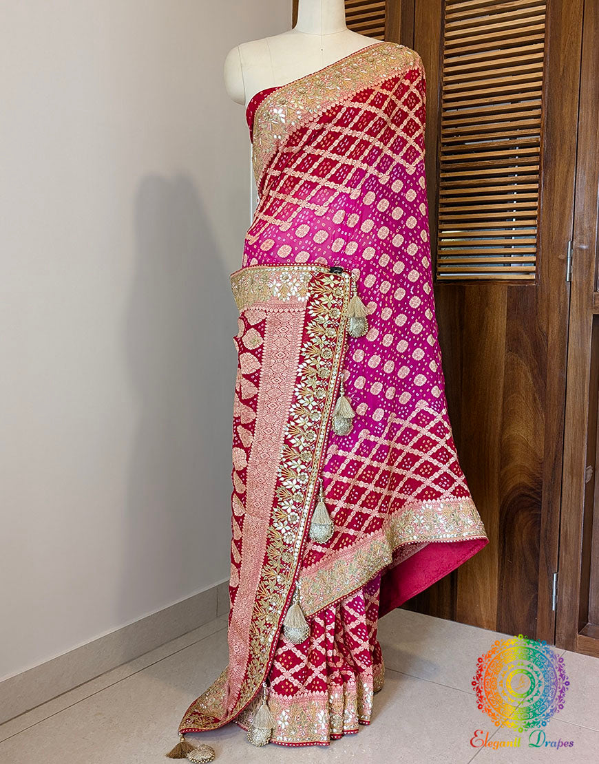 Red Pink Banarasi Georgette Bandhani Gota Patti Saree – Bandhani Saree Online India | Elegantt Drapes