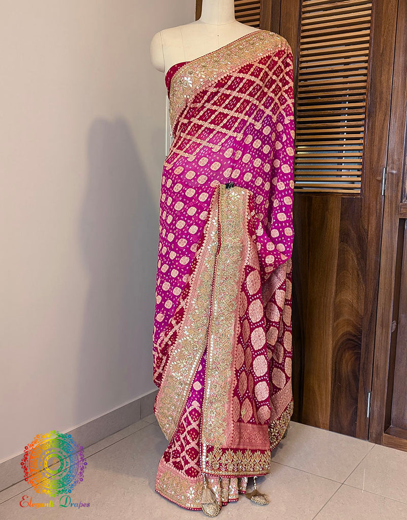 Red Pink Banarasi Georgette Bandhani Gota Patti Saree – Bandhani Saree Online India | Elegantt Drapes