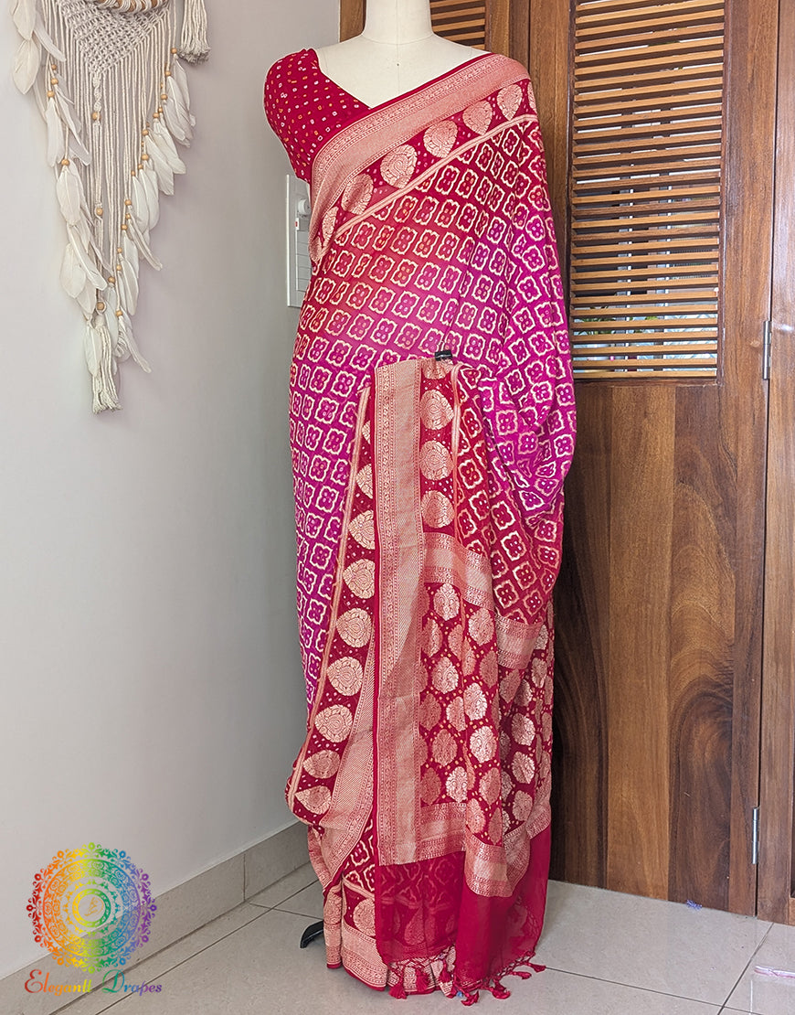 Red Pink Shaded Banarasi Bandhani Khaddi Georgette Saree – Bandhani Saree Online India | Elegantt Drapes