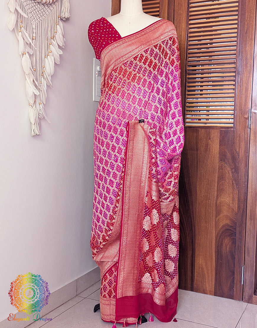 Red Rani Shaded Banarasi Bandhani Khaddi Georgette Saree – Bandhani Saree Online India | Elegantt Drapes