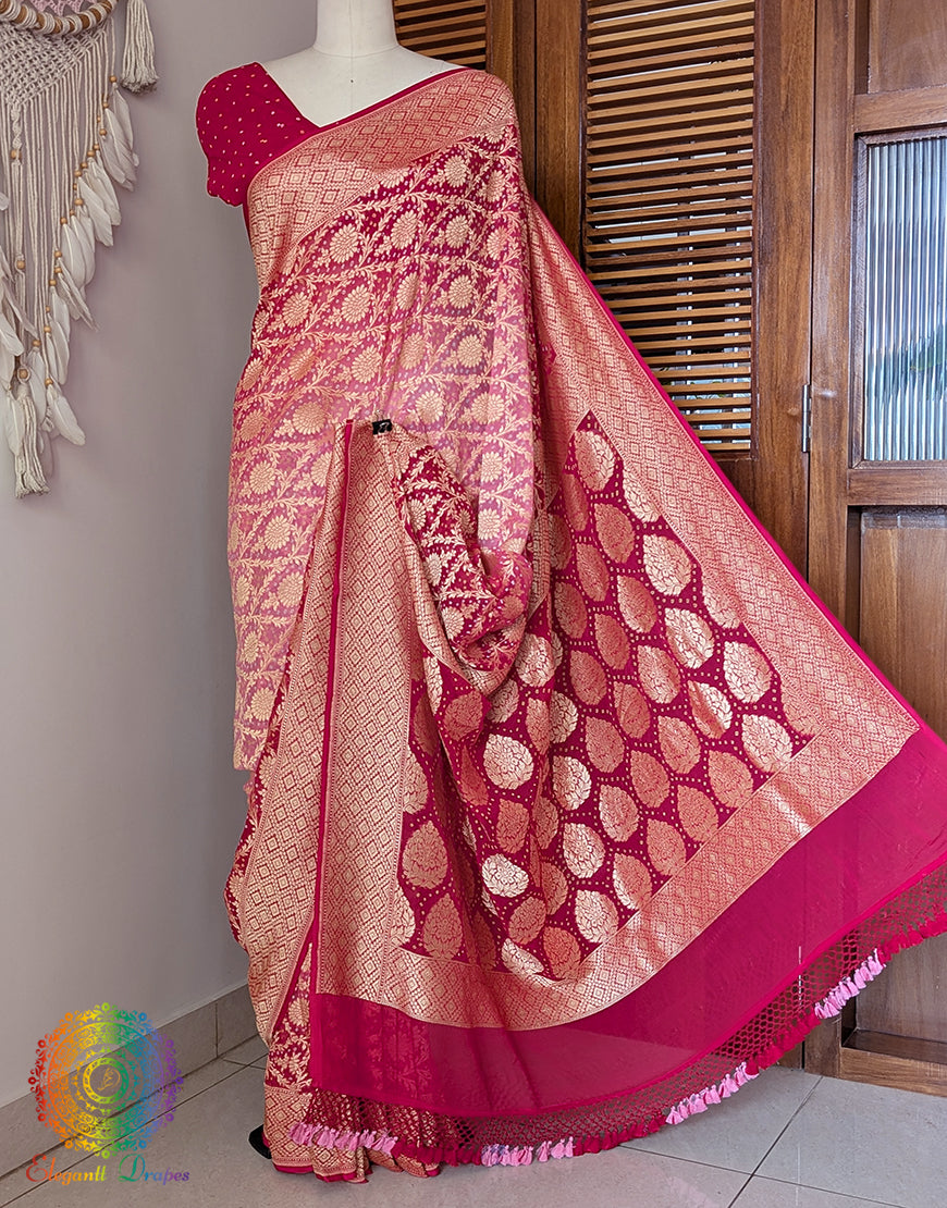Red Shaded Banarasi Bandhani Khaddi Georgette Saree – Bandhani Saree Online India | Elegantt Drapes
