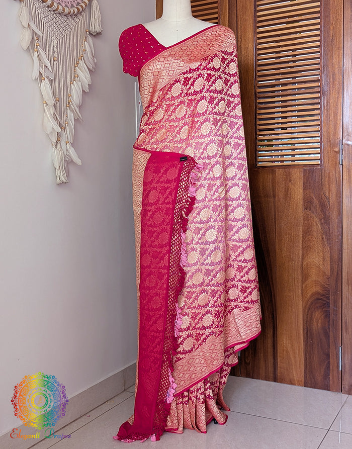 Red Shaded Banarasi Bandhani Khaddi Georgette Saree – Bandhani Saree Online India | Elegantt Drapes