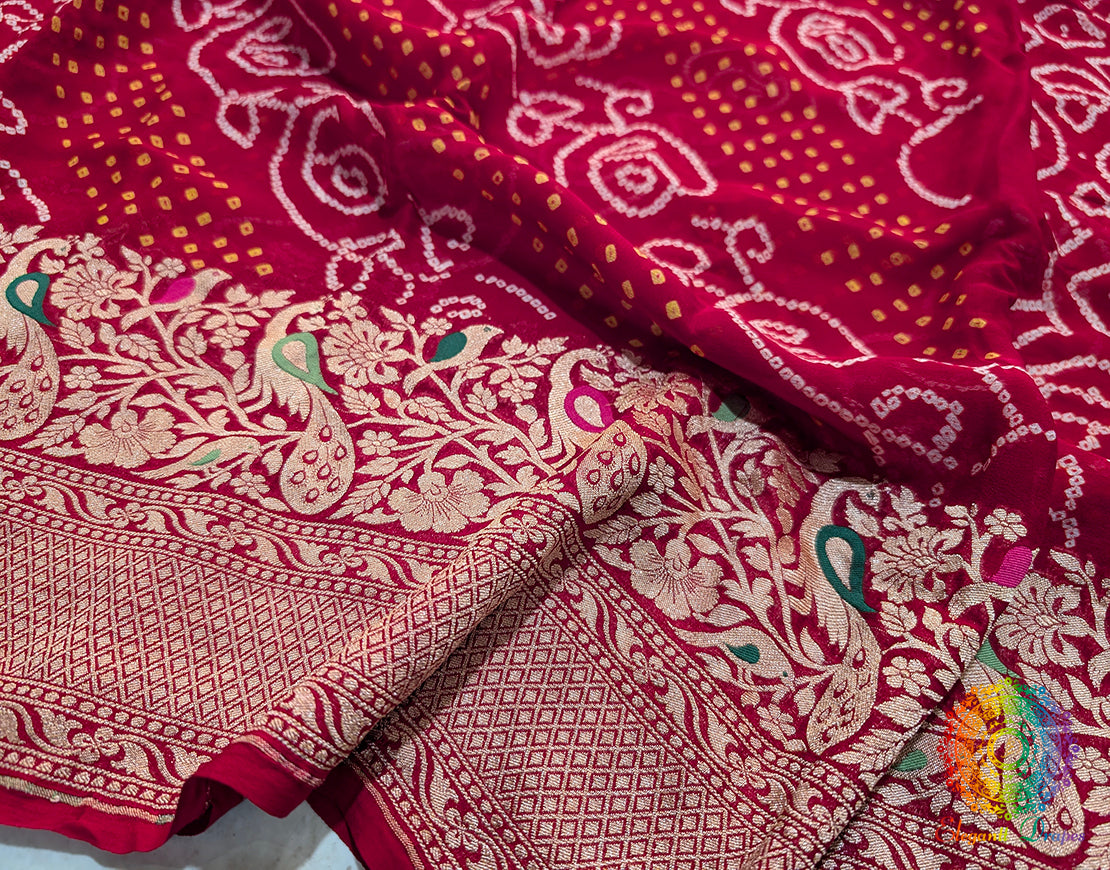 Red Pure Banarasi Georgette Meenakari Bandhani Saree – Bandhani Saree Online India | Elegantt Drapes