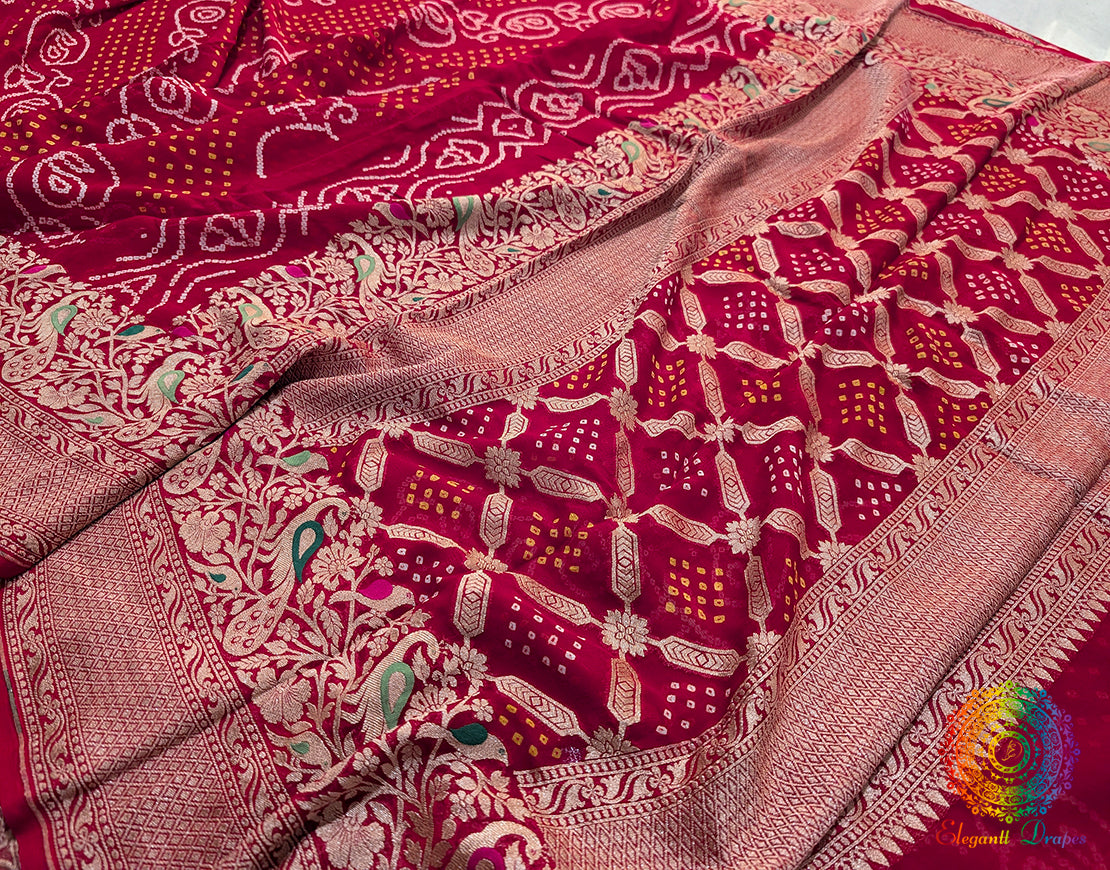 Red Pure Banarasi Georgette Meenakari Bandhani Saree – Bandhani Saree Online India | Elegantt Drapes