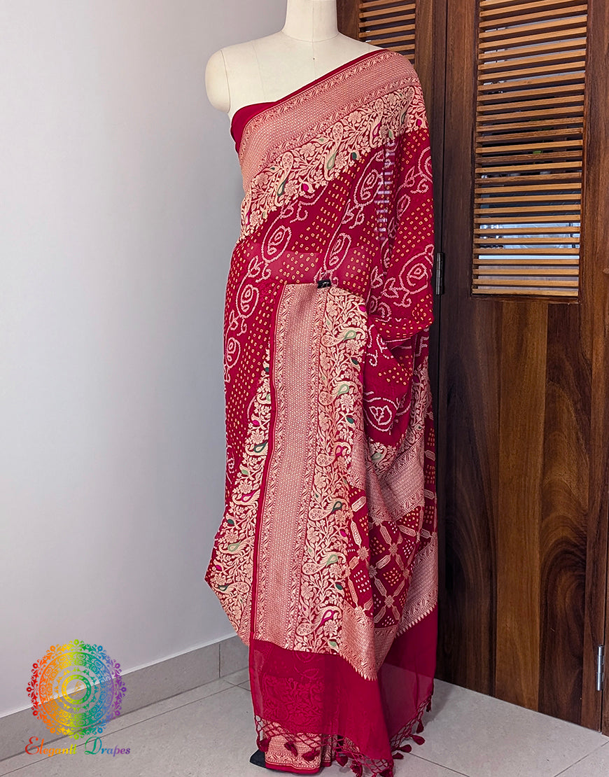 Red Pure Banarasi Georgette Meenakari Bandhani Saree – Bandhani Saree Online India | Elegantt Drapes