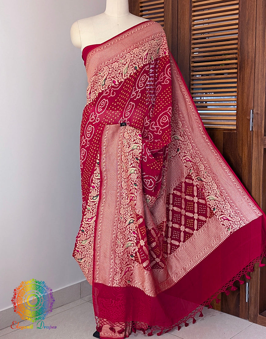 Red Pure Banarasi Georgette Meenakari Bandhani Saree – Bandhani Saree Online India | Elegantt Drapes