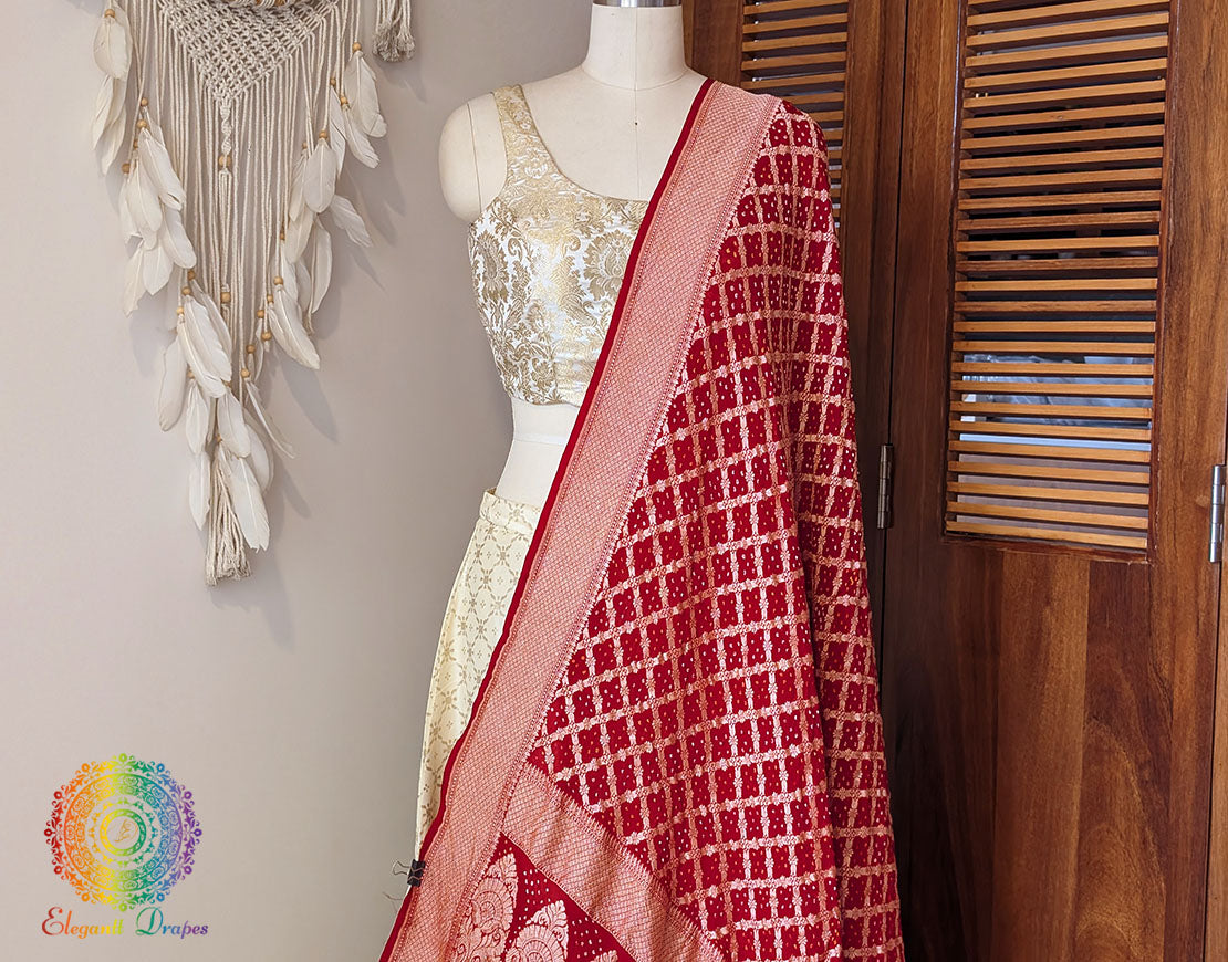 Bridal Red Banarasi Bandhani Georgette Dupatta – Bandhani Saree Online India | Elegantt Drapes