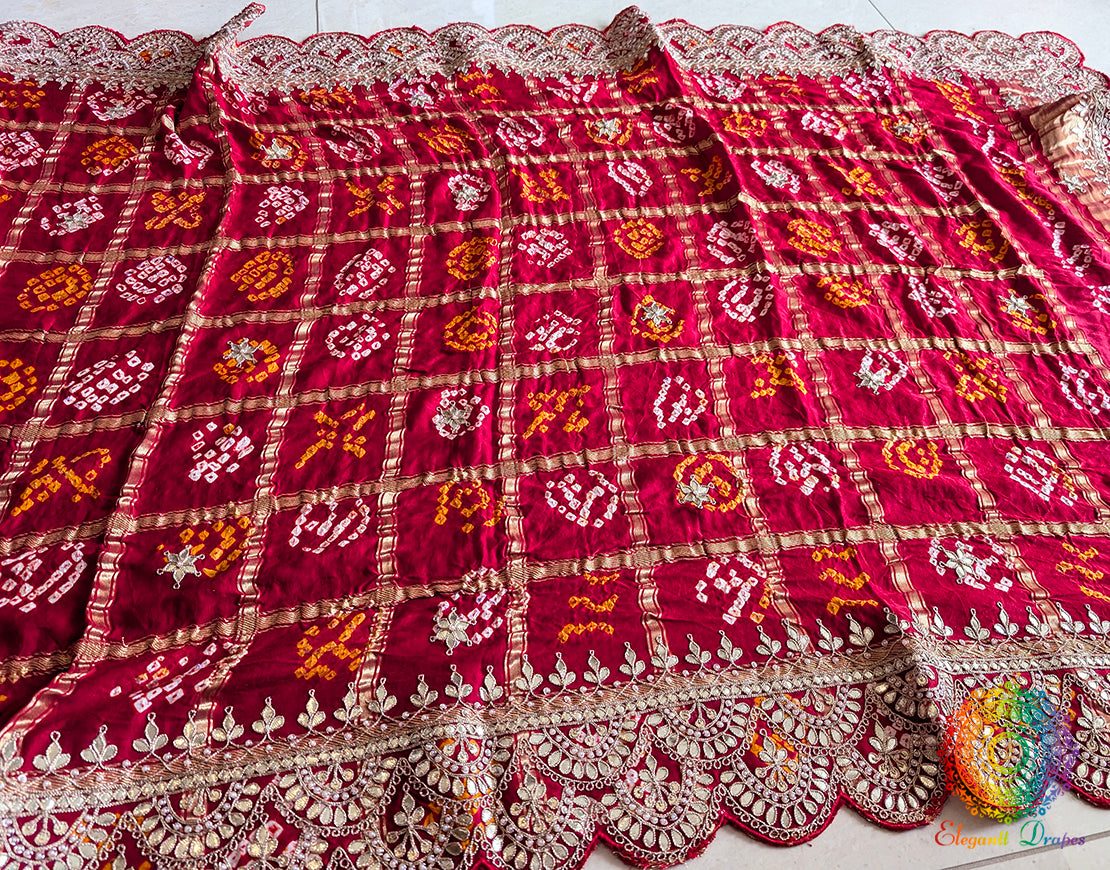 Red Gaji Silk Bandhani Gota Patti Saclloped Dupatta