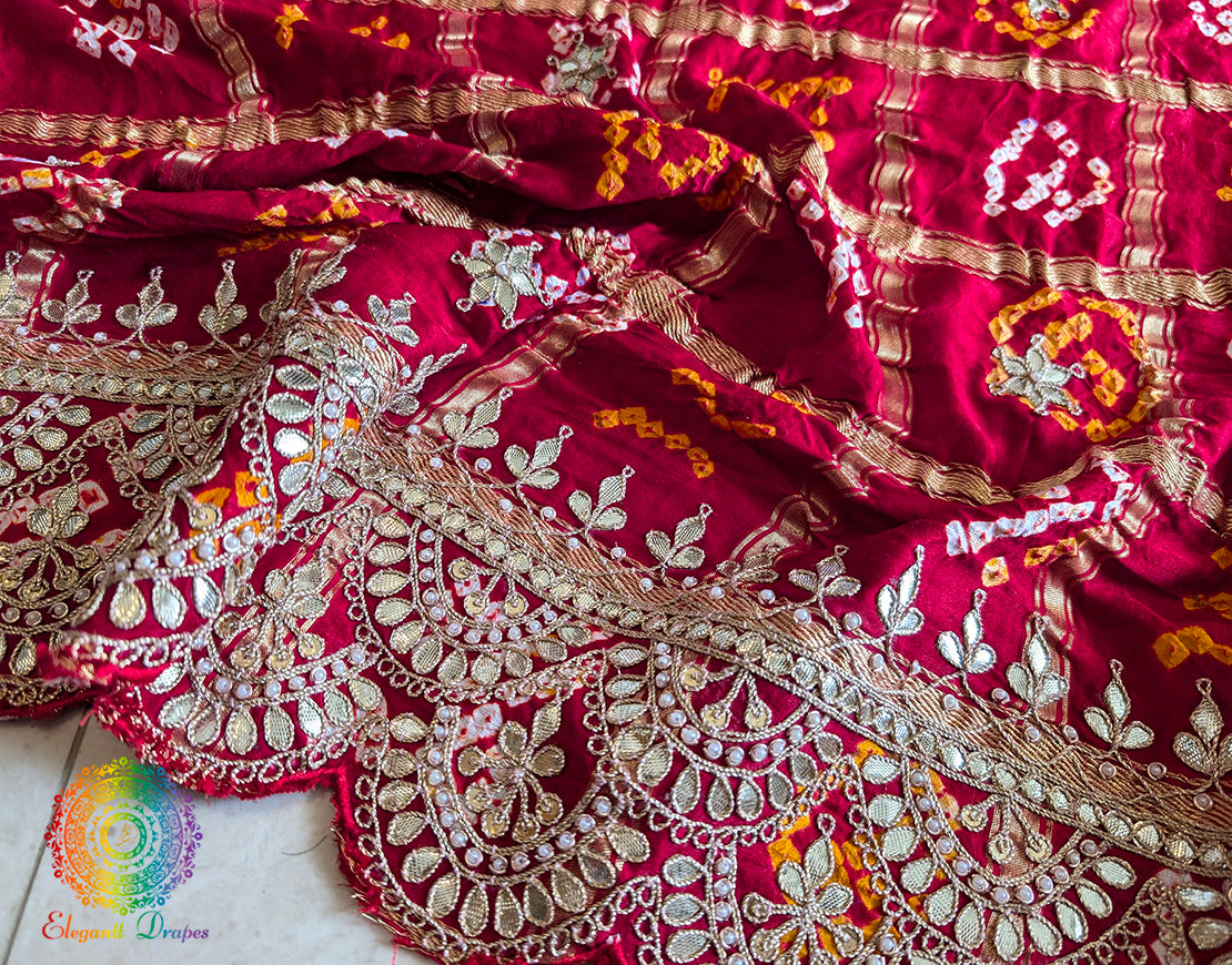 Red Gaji Silk Bandhani Gota Patti Saclloped Dupatta
