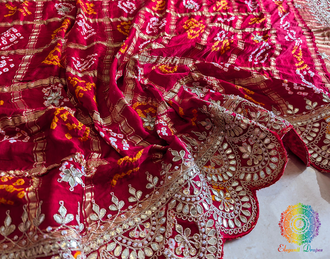 Red Gaji Silk Bandhani Gota Patti Saclloped Dupatta