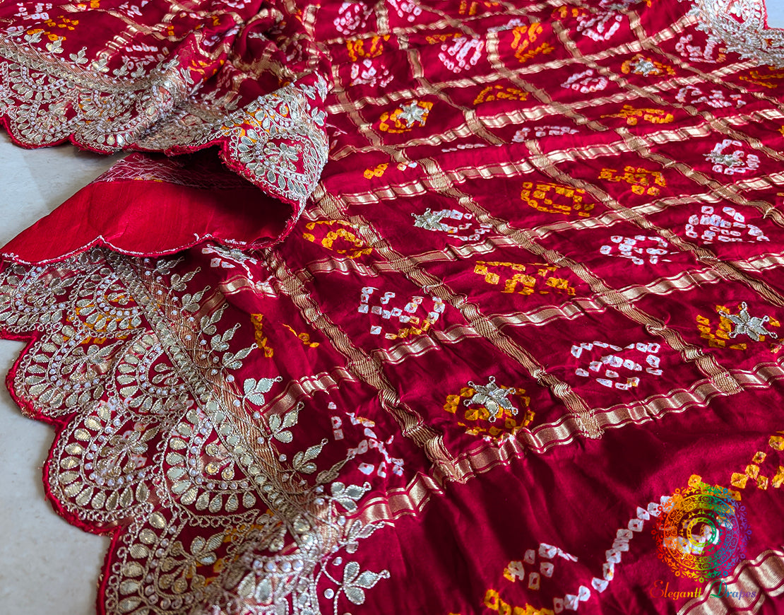 Red Gaji Silk Bandhani Gota Patti Saclloped Dupatta