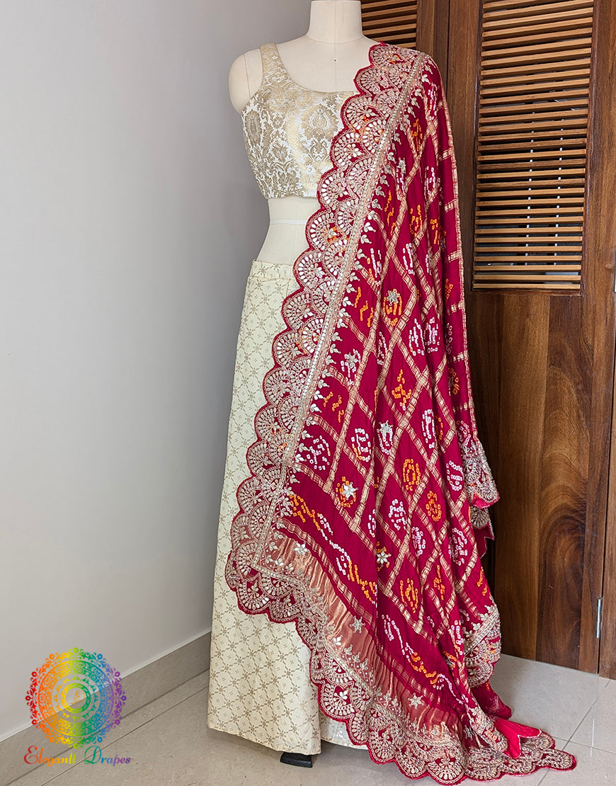 Red Gaji Silk Bandhani Gota Patti Saclloped Dupatta