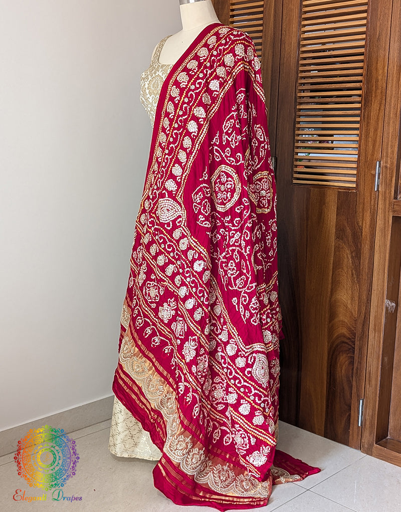 Red Gaji Silk Bandhej Gota Handwork Dupatta – Bandhani Saree Online India | Elegantt Drapes
