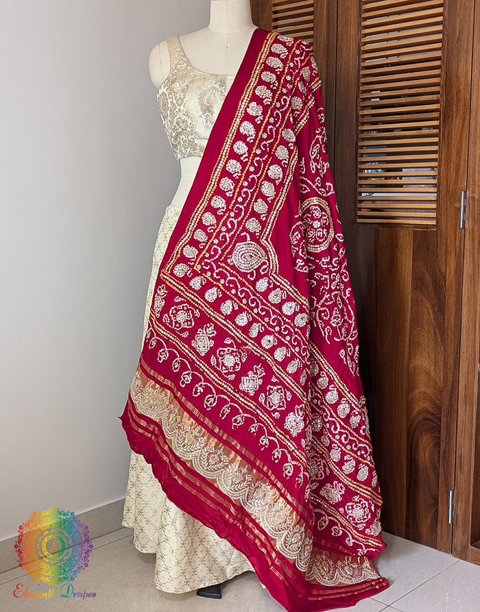 Red Gaji Silk Bandhej Gota Handwork Dupatta – Bandhani Saree Online India | Elegantt Drapes