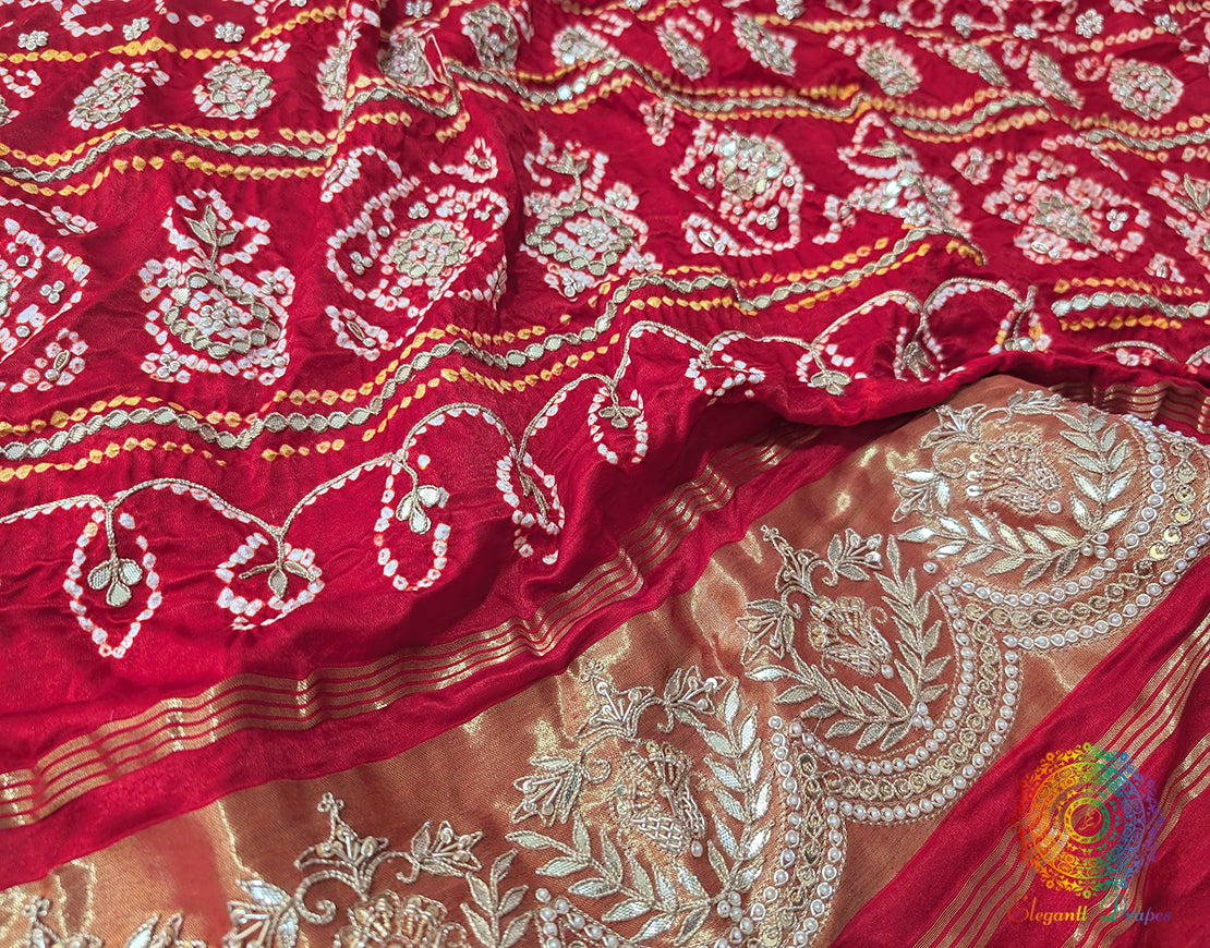 Red Gaji Silk Bandhej Gota Handwork Dupatta – Bandhani Saree Online India | Elegantt Drapes