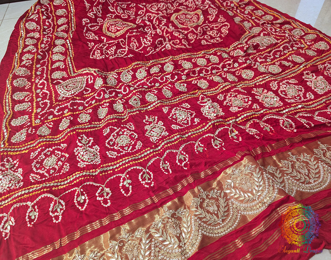 Red Gaji Silk Bandhej Gota Handwork Dupatta – Bandhani Saree Online India | Elegantt Drapes