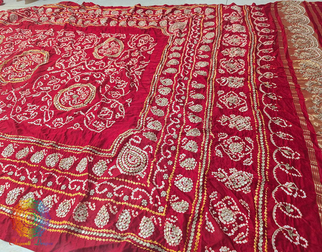 Red Gaji Silk Bandhej Gota Handwork Dupatta – Bandhani Saree Online India | Elegantt Drapes