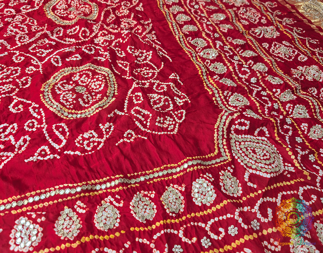 Red Gaji Silk Bandhej Gota Handwork Dupatta – Bandhani Saree Online India | Elegantt Drapes