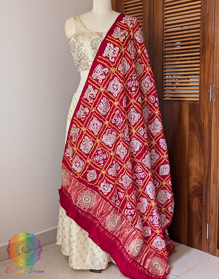 Red Gaji Silk Bandhani Gota Handwork Dupatta – Bandhani Saree Online India | Elegantt Drapes