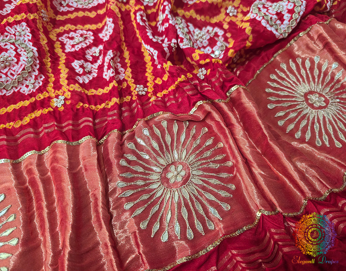 Red Gaji Silk Bandhani Gota Handwork Dupatta – Bandhani Saree Online India | Elegantt Drapes