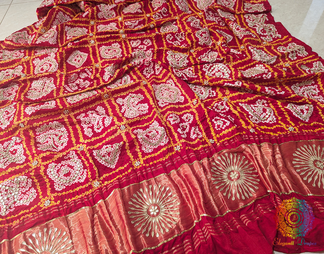 Red Gaji Silk Bandhani Gota Handwork Dupatta – Bandhani Saree Online India | Elegantt Drapes