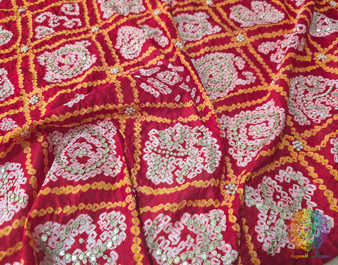 Red Gaji Silk Bandhani Gota Handwork Dupatta – Bandhani Saree Online India | Elegantt Drapes
