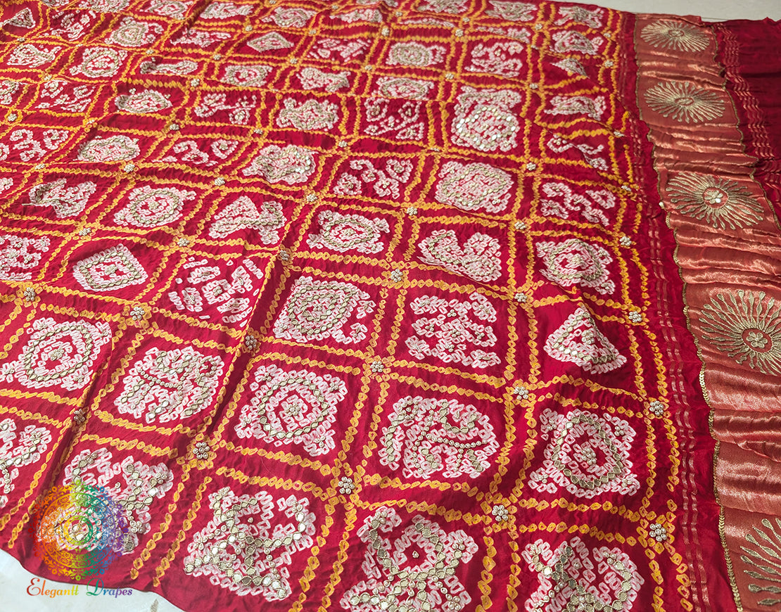 Red Gaji Silk Bandhani Gota Handwork Dupatta – Bandhani Saree Online India | Elegantt Drapes
