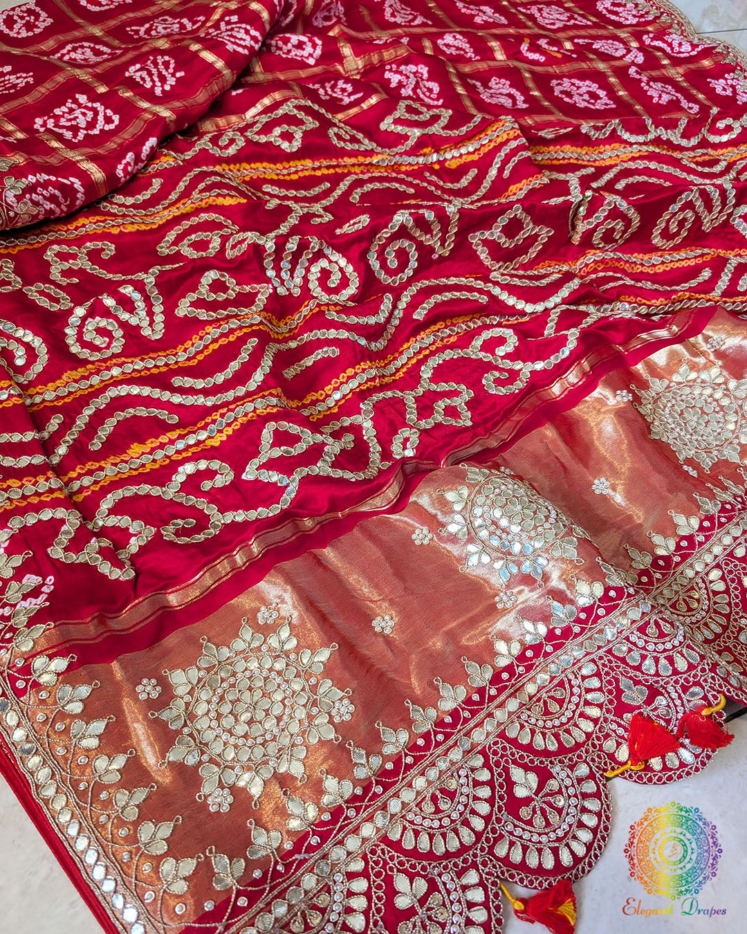 Red Bandhej Gharchola Gota Patti Saree close up – Bandhani Saree Online India | Elegantt Drapes