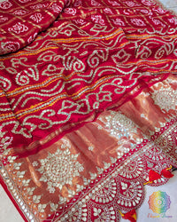 Red Bandhej Gharchola Gota Patti Saree close up – Bandhani Saree Online India | Elegantt Drapes