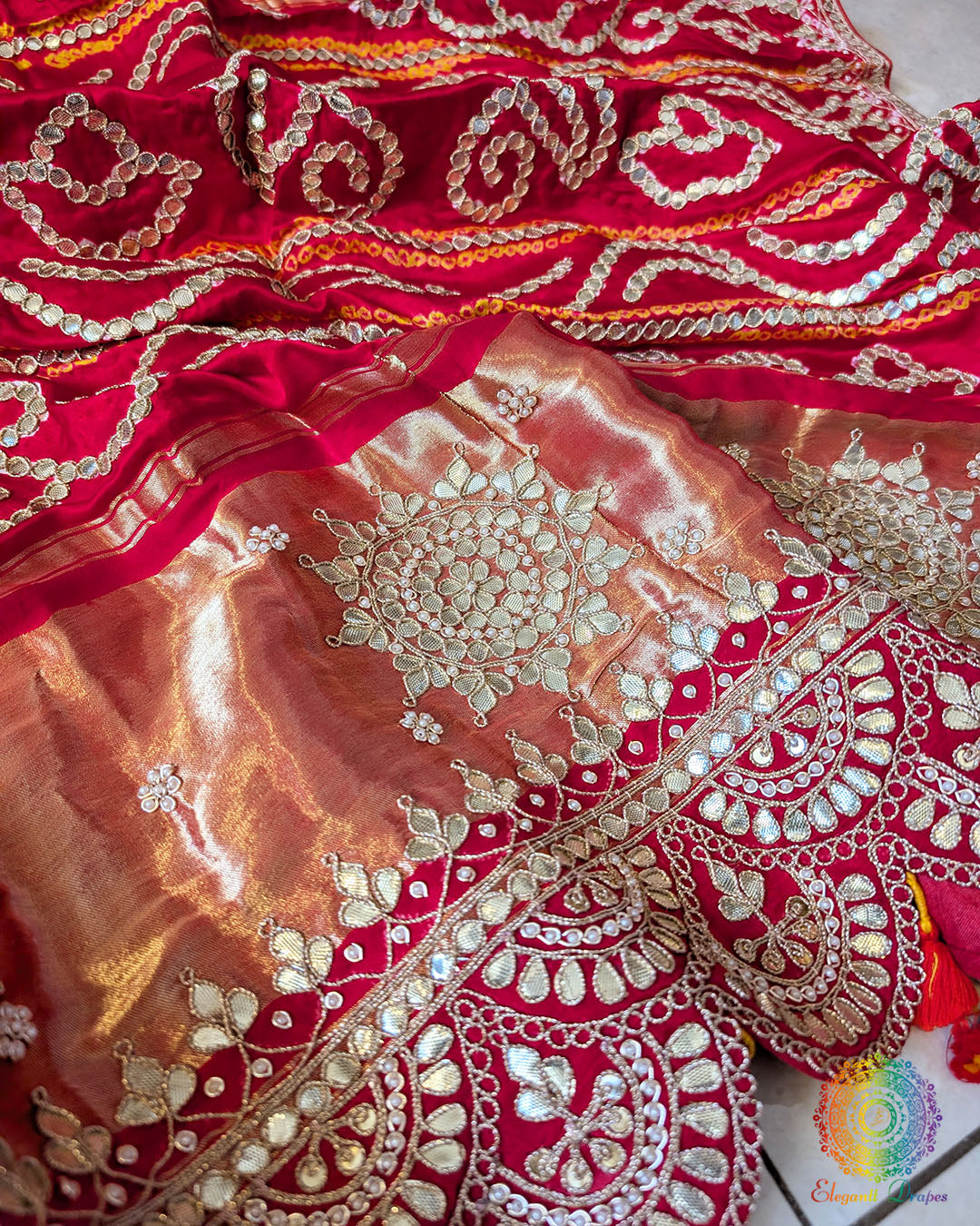 Red Bandhej Gharchola Gota Patti Saree palla – Bandhani Saree Online India | Elegantt Drapes