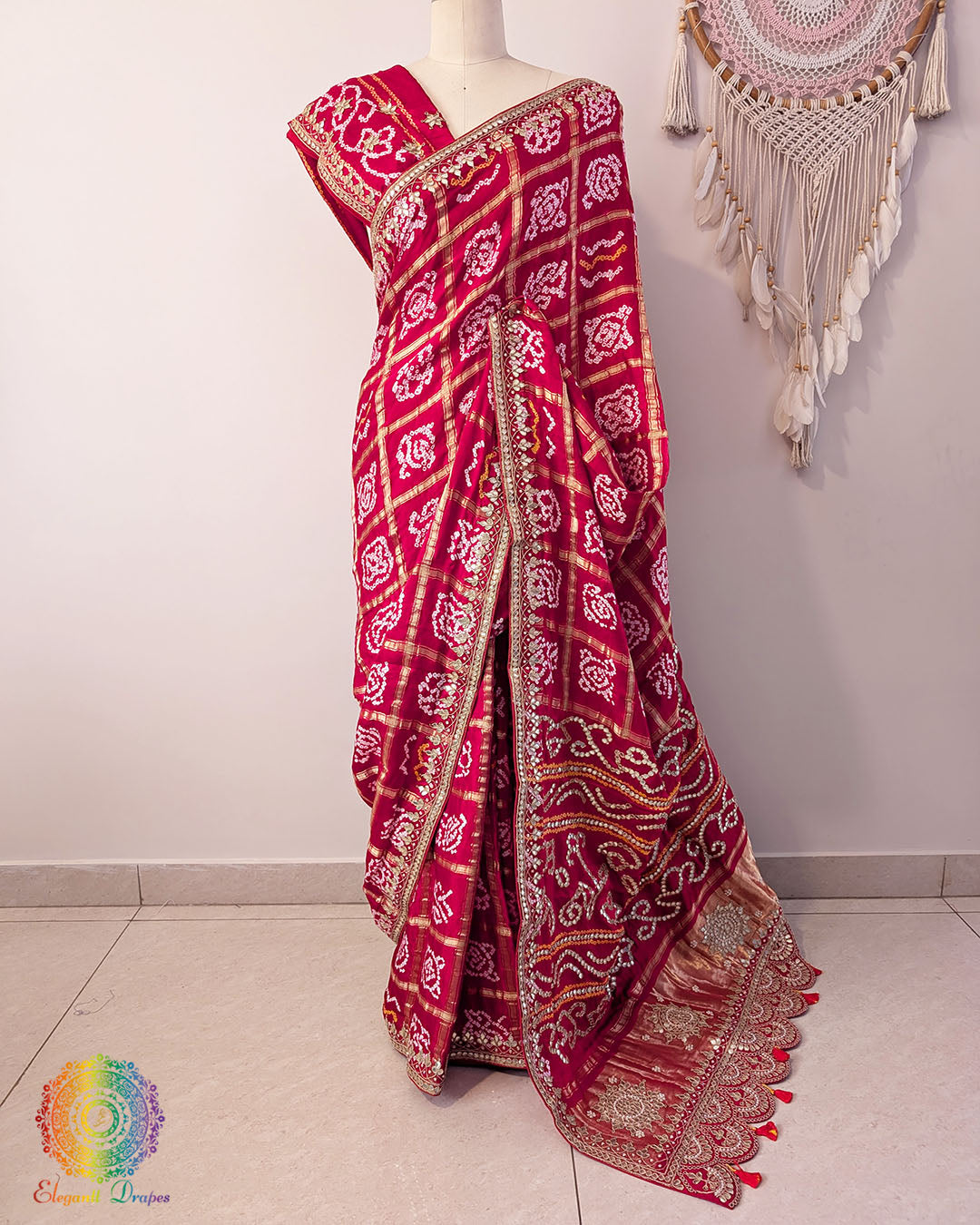 Red Bandhej Gharchola Gota Patti Saree – Bandhani Saree Online India | Elegantt Drapes