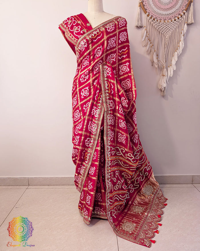 Red Bandhej Gharchola Gota Patti Saree – Bandhani Saree Online India | Elegantt Drapes