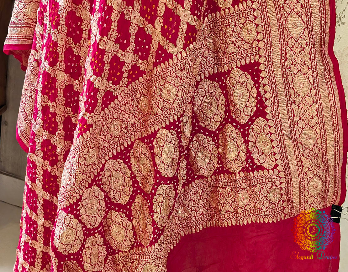 Red Banarasi Georgette Bandhani Dupatta – Bandhani Saree Online India | Elegantt Drapes