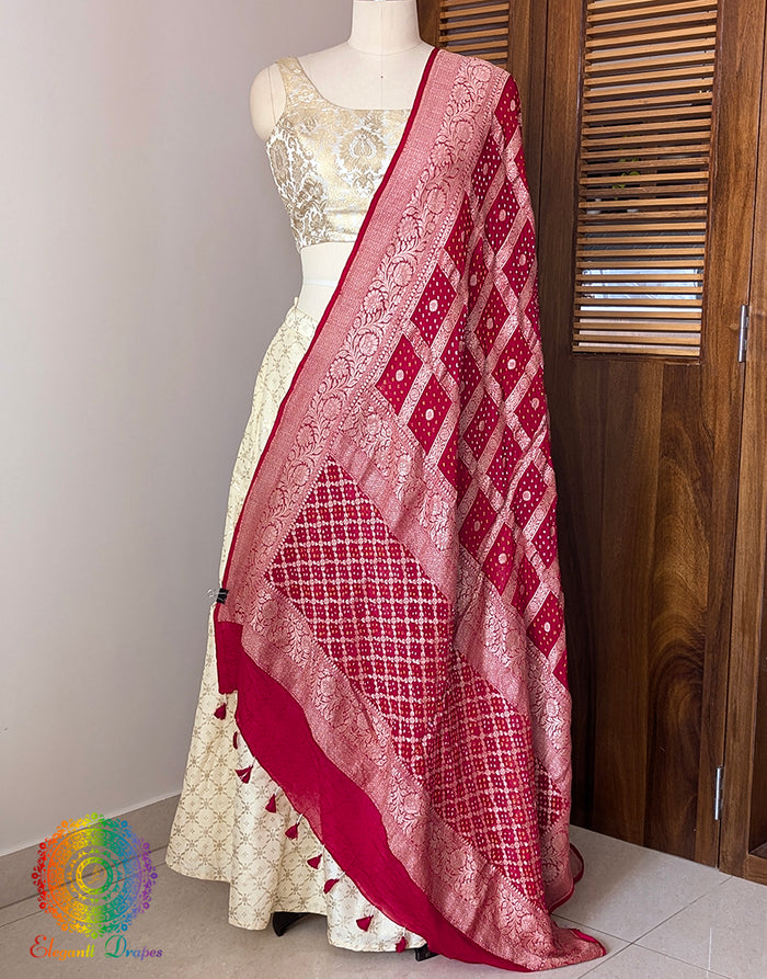 Red Banarasi Bandhani Georgette Dupatta – Bandhani Saree Online India | Elegantt Drapes