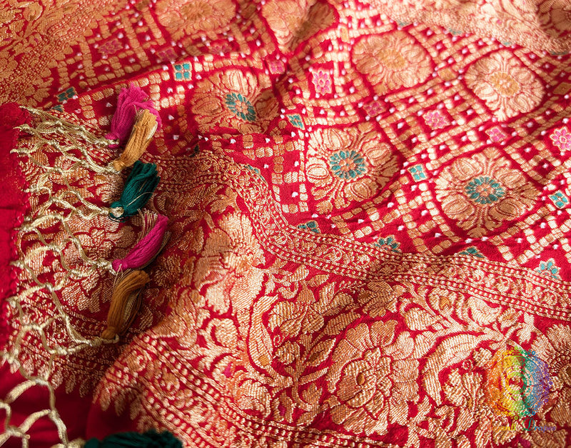 Red Banarasi Meenakari Georgette Bandhej Dupatta – Bandhani Saree Online India | Elegantt Drapes