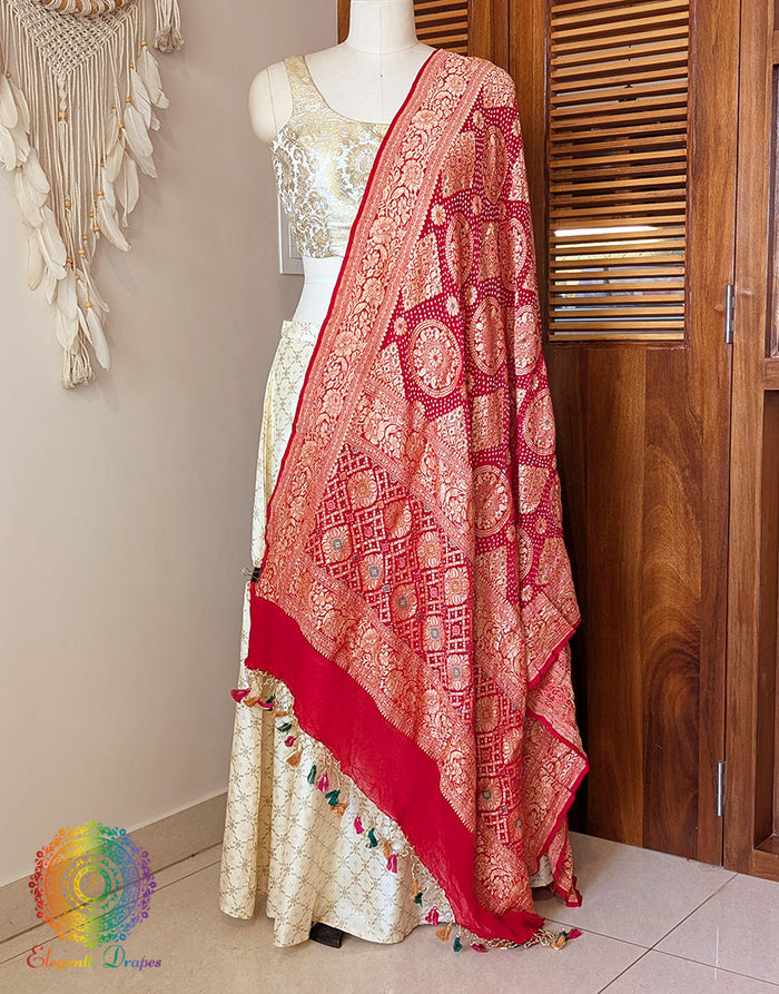 Red Banarasi Meenakari Georgette Bandhej Dupatta – Bandhani Saree Online India | Elegantt Drapes