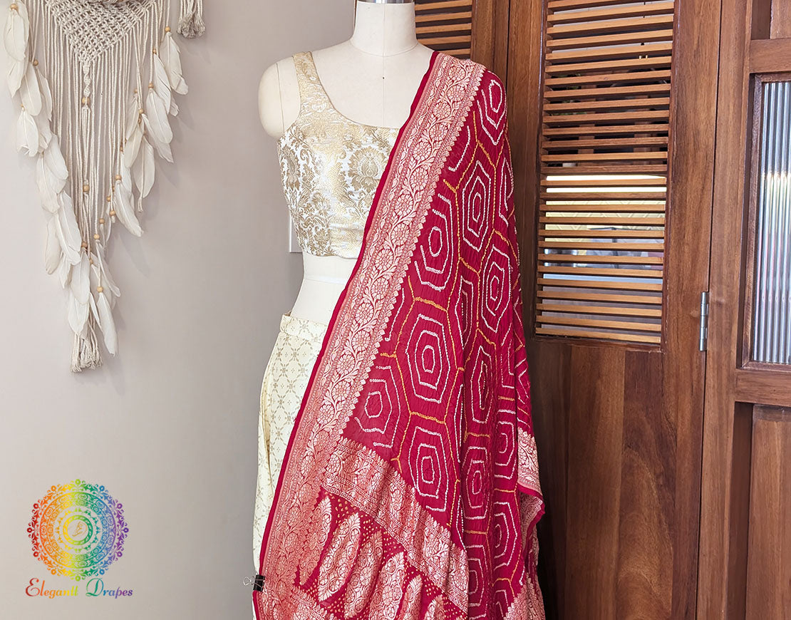 Handwoven Red Banarasi Georgette Rai Bandhej Dupatta – Bareek Bandhani – Bandhani Saree Online India | Elegantt Drapes