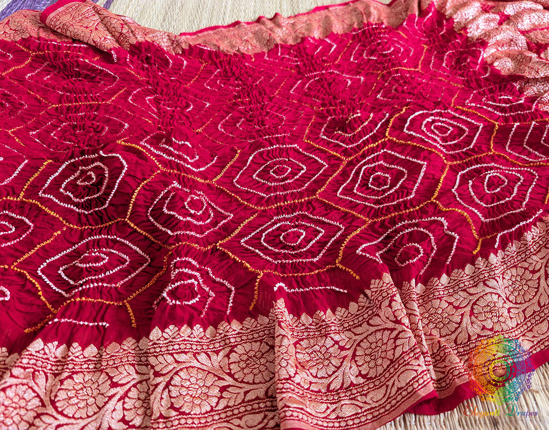 Handwoven Red Banarasi Georgette Rai Bandhej Dupatta – Bareek Bandhani – Bandhani Saree Online India | Elegantt Drapes