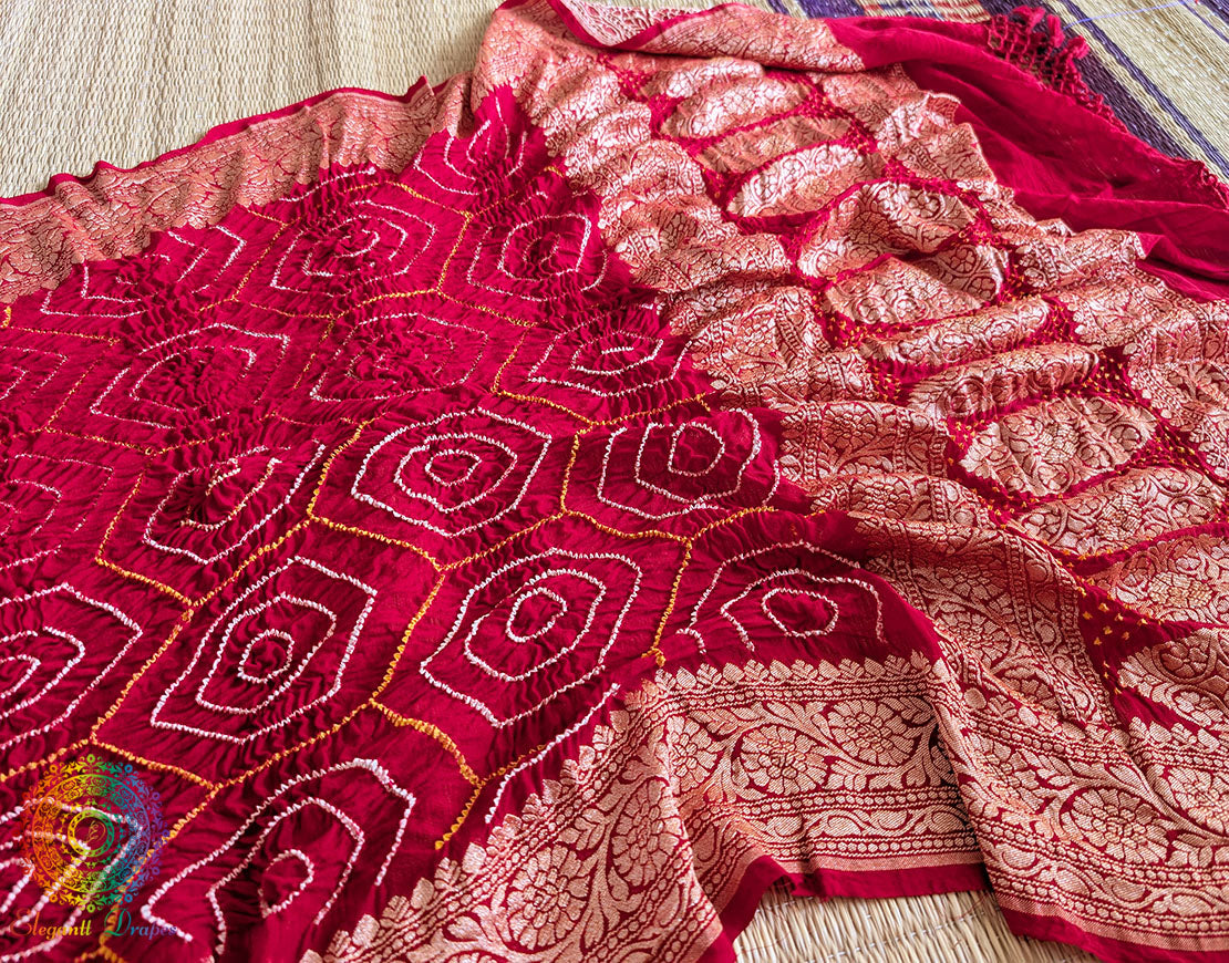 Handwoven Red Banarasi Georgette Rai Bandhej Dupatta – Bareek Bandhani – Bandhani Saree Online India | Elegantt Drapes