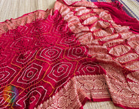Handwoven Red Banarasi Georgette Rai Bandhej Dupatta – Bareek Bandhani – Bandhani Saree Online India | Elegantt Drapes